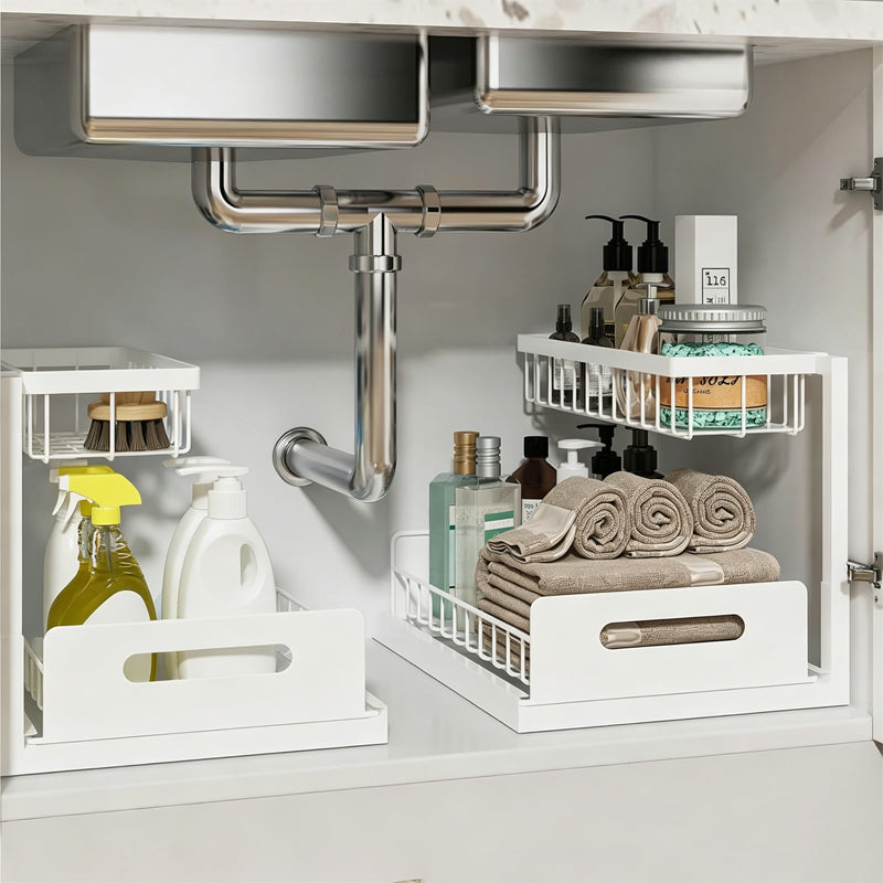 🔥 2-Tier Carbon Steel Organizer – Sliding Drawer & Ventilated Grid, Holds 50 lbs – Ideal for Under-Sink Cabinets, Desks & Bathrooms 🗄️✨