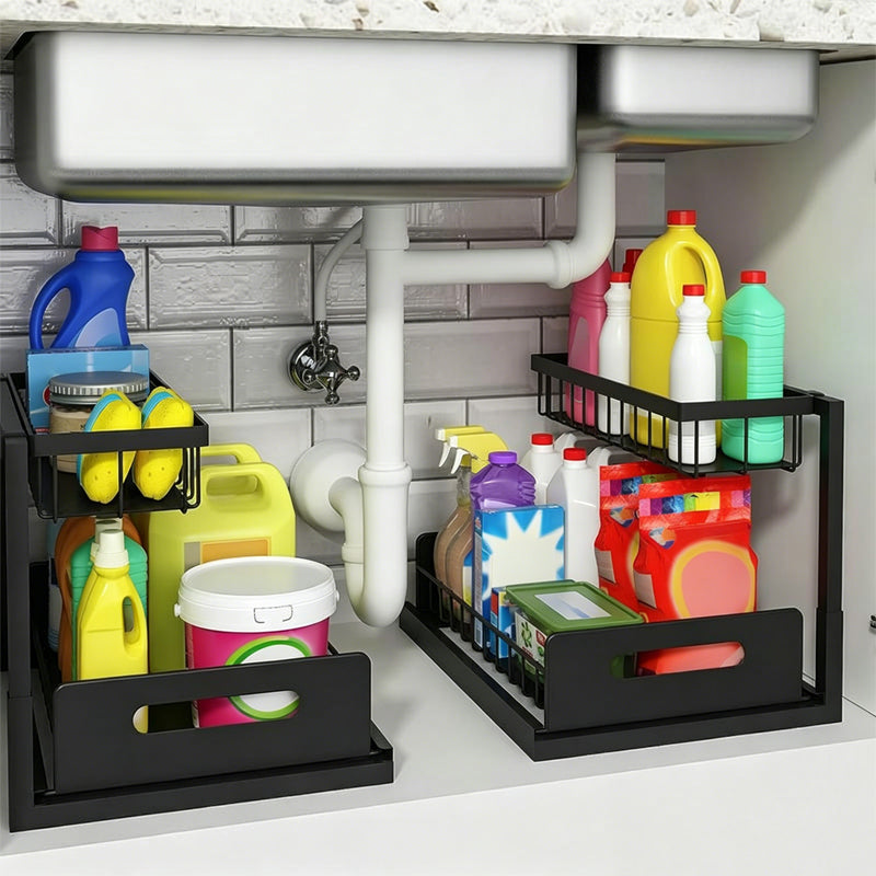 🔥 2-Tier Carbon Steel Organizer – Sliding Drawer & Ventilated Grid, Holds 50 lbs – Ideal for Under-Sink Cabinets, Desks & Bathrooms 🗄️✨