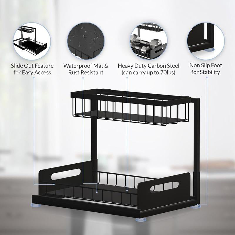 🔥 2-Tier Carbon Steel Organizer – Sliding Drawer & Ventilated Grid, Holds 50 lbs – Ideal for Under-Sink Cabinets, Desks & Bathrooms 🗄️✨