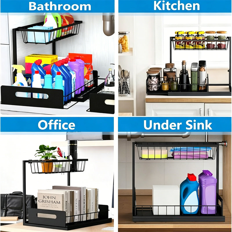🔥 2-Tier Carbon Steel Organizer – Sliding Drawer & Ventilated Grid, Holds 50 lbs – Ideal for Under-Sink Cabinets, Desks & Bathrooms 🗄️✨
