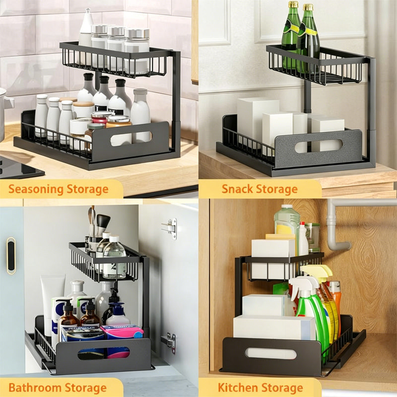 🔥 2-Tier Carbon Steel Organizer – Sliding Drawer & Ventilated Grid, Holds 50 lbs – Ideal for Under-Sink Cabinets, Desks & Bathrooms 🗄️✨