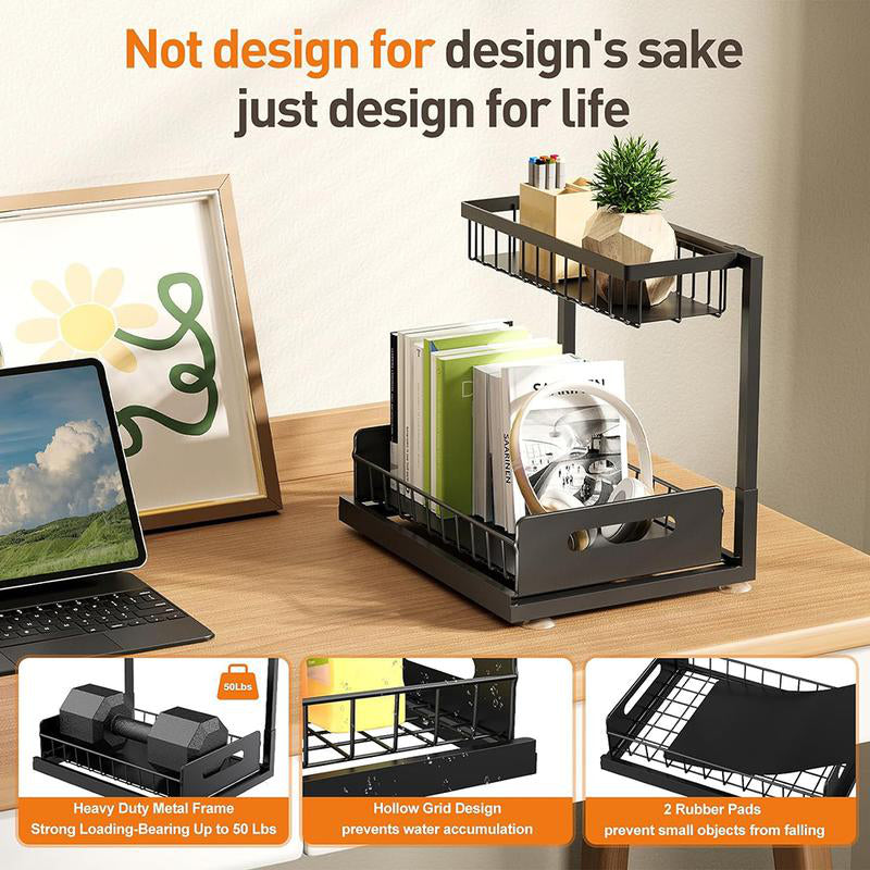 🔥 2-Tier Carbon Steel Organizer – Sliding Drawer & Ventilated Grid, Holds 50 lbs – Ideal for Under-Sink Cabinets, Desks & Bathrooms 🗄️✨