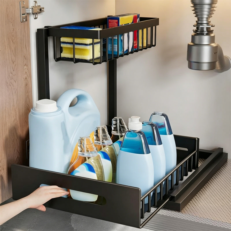 🔥 2-Tier Carbon Steel Organizer – Sliding Drawer & Ventilated Grid, Holds 50 lbs – Ideal for Under-Sink Cabinets, Desks & Bathrooms 🗄️✨