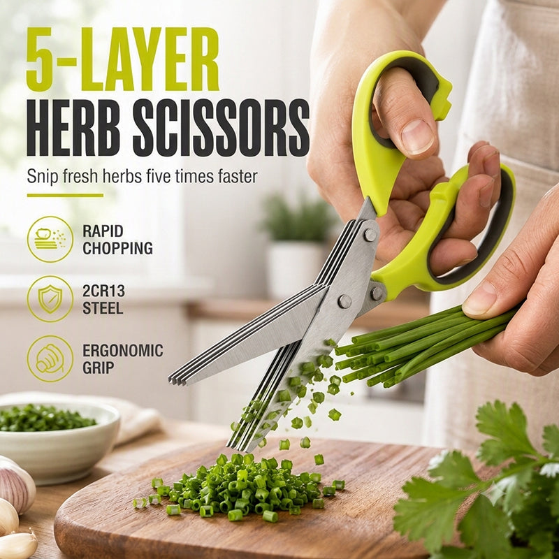 🔥 Multi-Layer Stainless Steel Kitchen Scissors – 5-Blade Herb Cutter with Ergonomic Handle – Ideal for Herbs, Scallions & Fresh Garnishes ✂️🌿