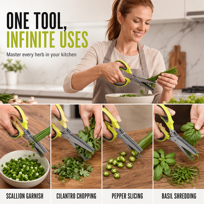 🔥 Multi-Layer Stainless Steel Kitchen Scissors – 5-Blade Herb Cutter with Ergonomic Handle – Ideal for Herbs, Scallions & Fresh Garnishes ✂️🌿