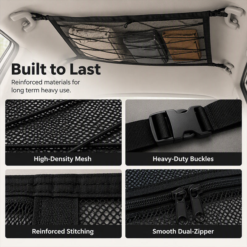 🔥 Car Ceiling Storage Bag with Adjustable Buckles – High-Density Polyester Mesh, Dual-Zipper Closure – Ideal for SUV, MPV & Family Road Trips 🚗🧳