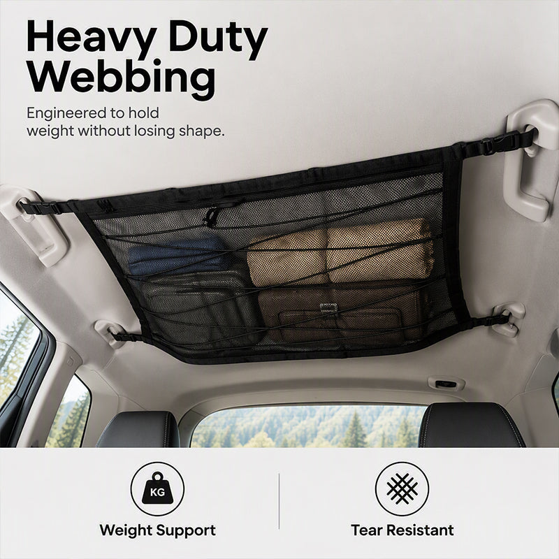 🔥 Car Ceiling Storage Bag with Adjustable Buckles – High-Density Polyester Mesh, Dual-Zipper Closure – Ideal for SUV, MPV & Family Road Trips 🚗🧳