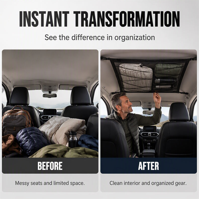 🔥 Car Ceiling Storage Bag with Adjustable Buckles – High-Density Polyester Mesh, Dual-Zipper Closure – Ideal for SUV, MPV & Family Road Trips 🚗🧳
