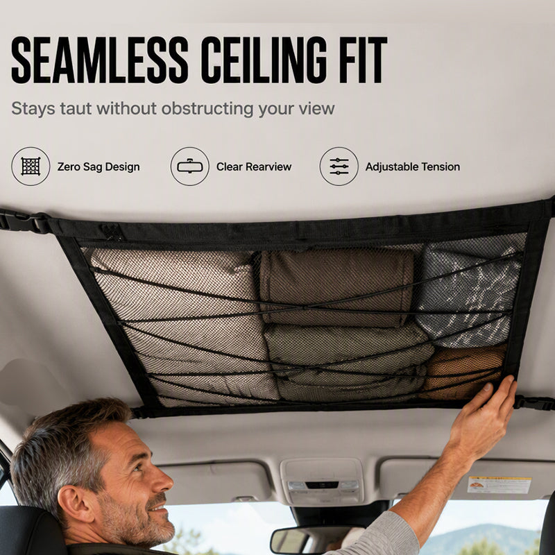 🔥 Car Ceiling Storage Bag with Adjustable Buckles – High-Density Polyester Mesh, Dual-Zipper Closure – Ideal for SUV, MPV & Family Road Trips 🚗🧳