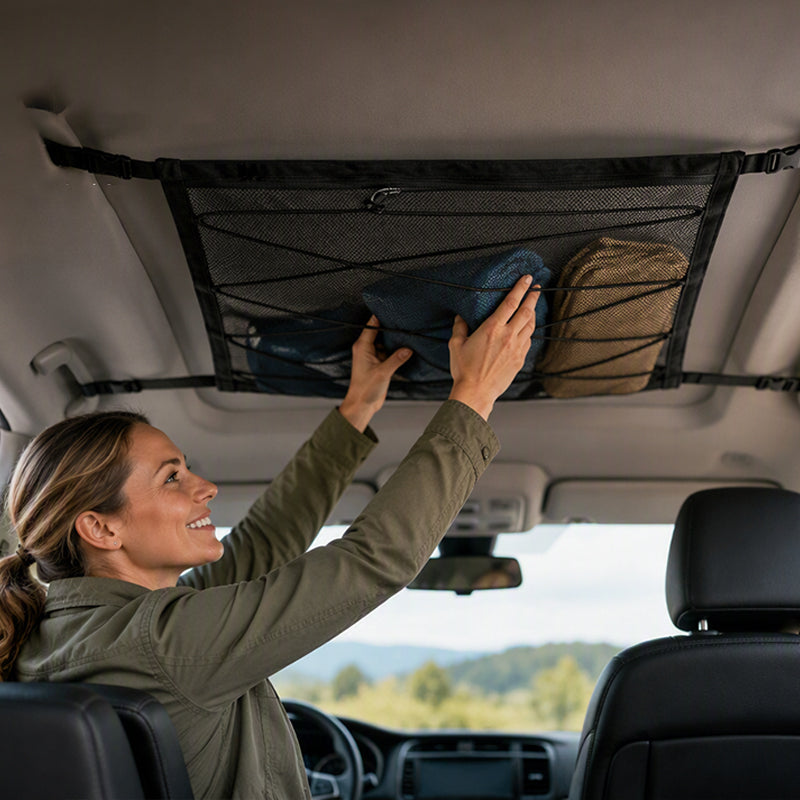🔥 Car Ceiling Storage Bag with Adjustable Buckles – High-Density Polyester Mesh, Dual-Zipper Closure – Ideal for SUV, MPV & Family Road Trips 🚗🧳