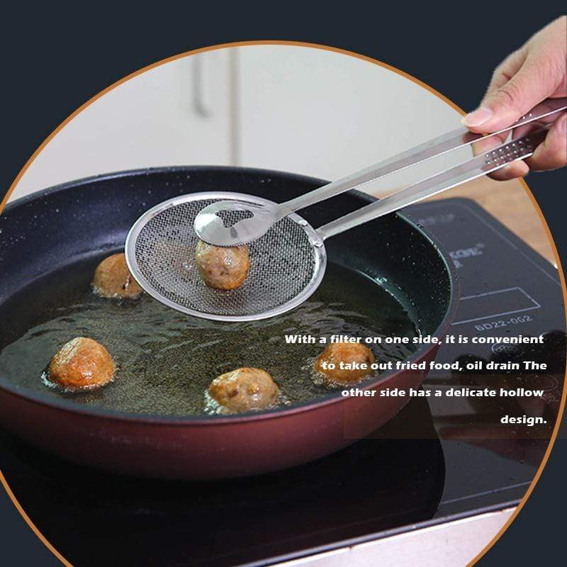 🍡50% OFF NOW! Stainless Steel Oil‑Leak Strainer Clamp – 2‑in‑1 Filter Spoon & Food Tongs, Multifunctional Kitchen Skimmer Tongs for Frying Meatballs, Deep‑Frying Food & Oil Filtering