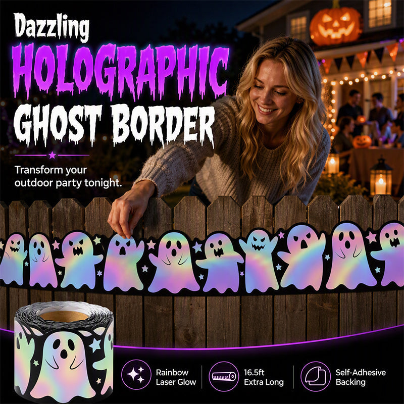 🔥50% OFF 🎃 Halloween Holographic Laser Ghost Border Sticker👻, 5M Waterproof Outdoor Window Halloween Party Decor ✨