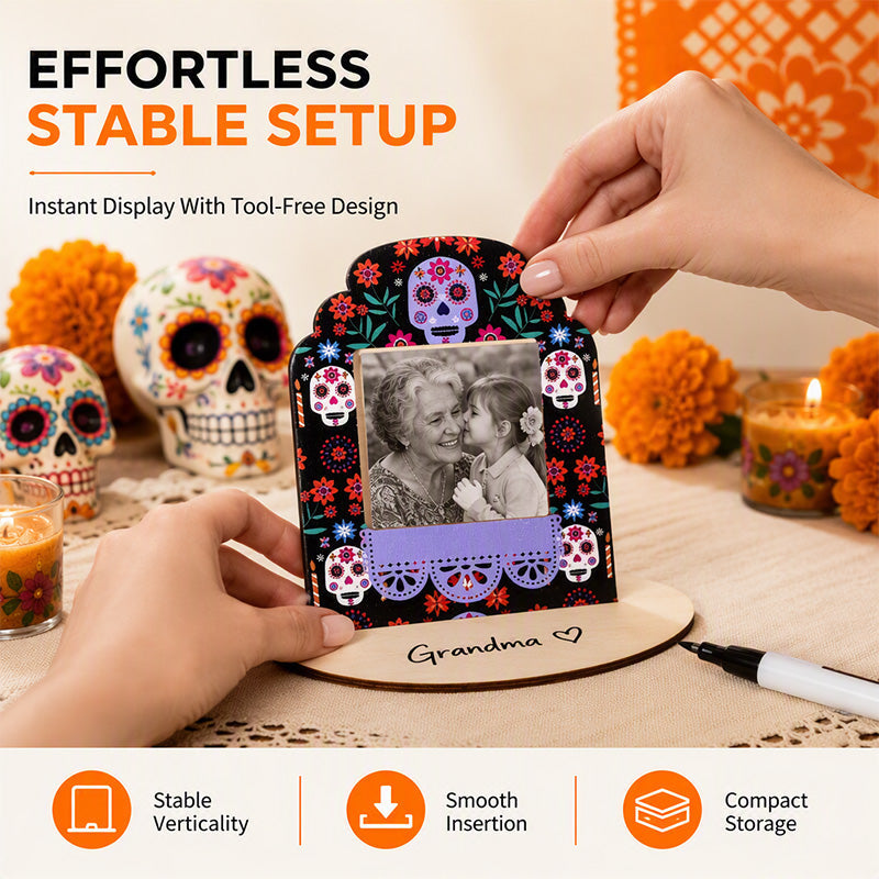🥳HOT SALE🥳💞99K+ SOLD! Day of the Dead Frame – From £4.99! Sugar skull design, slide-in photo & writable banner. Festive keepsake – grab yours! ✅