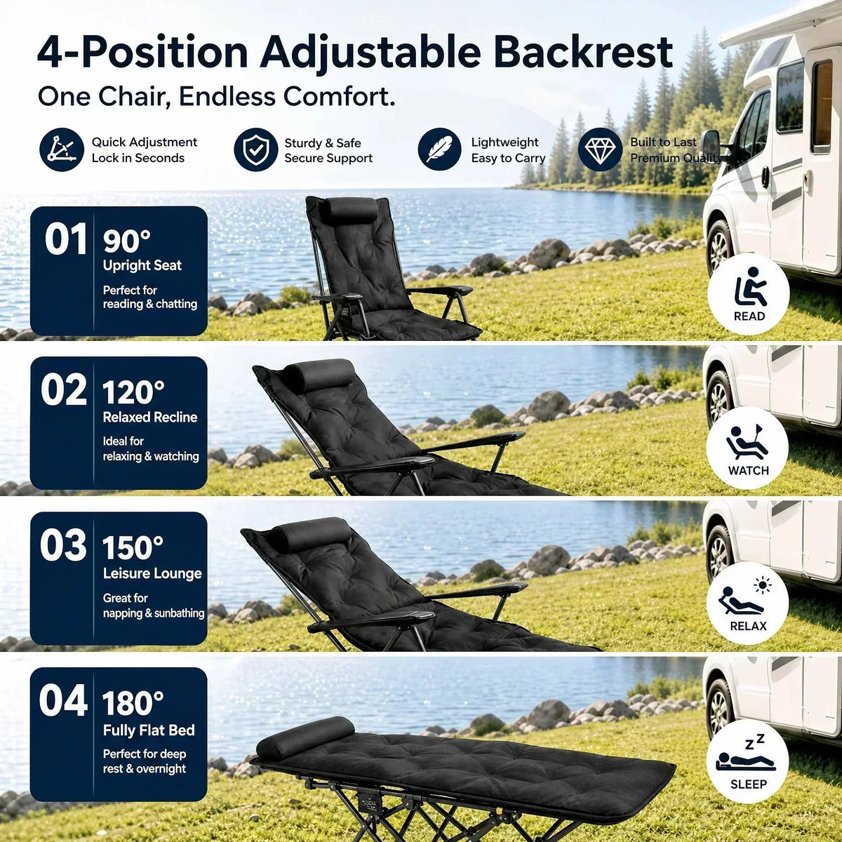🥳2026 BESTSELLER🥾 Adjustable Folding Chair – 3/4 Recline Positions, Leg Rest – Reinforced Carbon Steel, 300 lbs – 600D Oxford – Folds for Camping & Beach! 🛡️💨