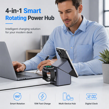 🥳2026 BESTSELLER🥾 Wireless Charging Station – 4-in-1, 180° Motorized Rotation – Magnetic Grip – Charges Phone, Watch & Earbuds – Desk Essential! 🛡️💨