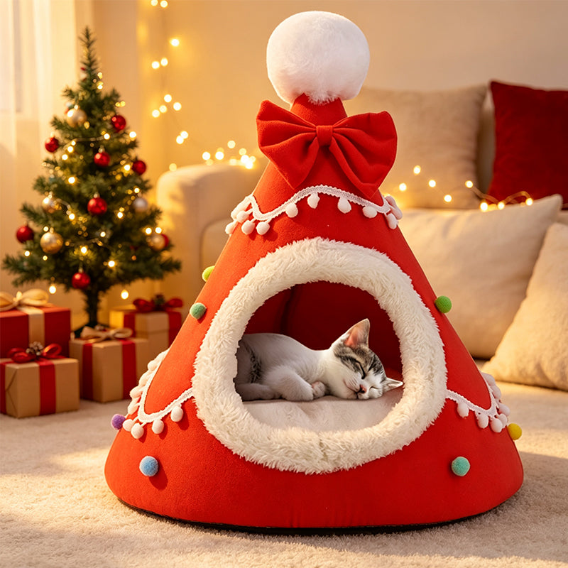 Semi-Enclosed Christmas Pet Bed Cave