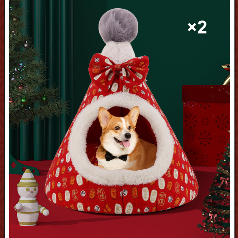 Semi-Enclosed Christmas Pet Bed Cave