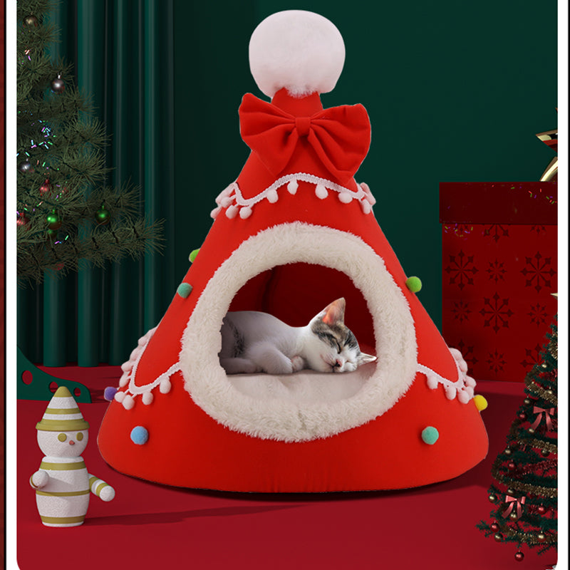Semi-Enclosed Christmas Pet Bed Cave