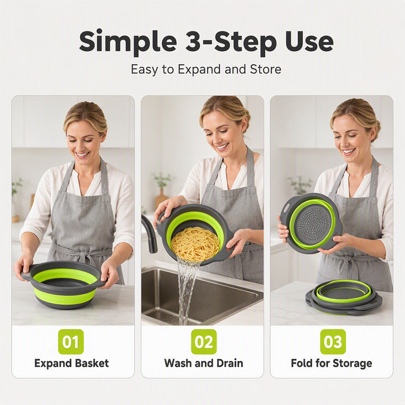 ⏰50% OFF – LAST CHANCE⏰ 3-Piece Collapsible Colander Set – Draining Base, Dual Handles – Folds Compact – Perfect for Veggies, Pasta & More! 🔥