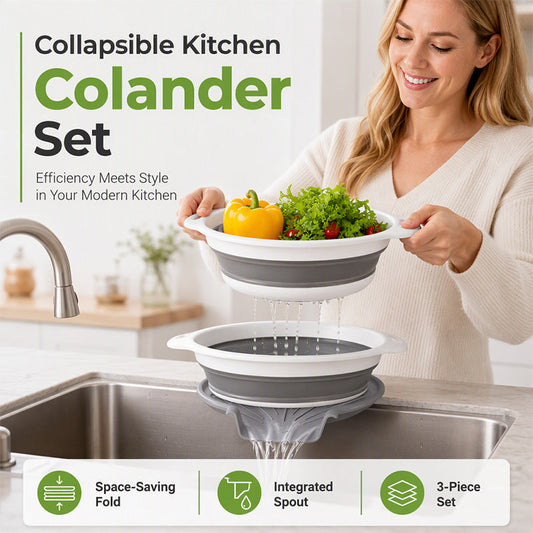 ⏰50% OFF – LAST CHANCE⏰ 3-Piece Collapsible Colander Set – Draining Base, Dual Handles – Folds Compact – Perfect for Veggies, Pasta & More! 🔥