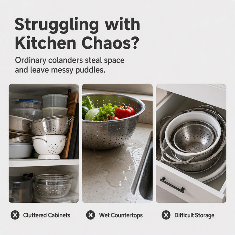 ⏰50% OFF – LAST CHANCE⏰ 3-Piece Collapsible Colander Set – Draining Base, Dual Handles – Folds Compact – Perfect for Veggies, Pasta & More! 🔥