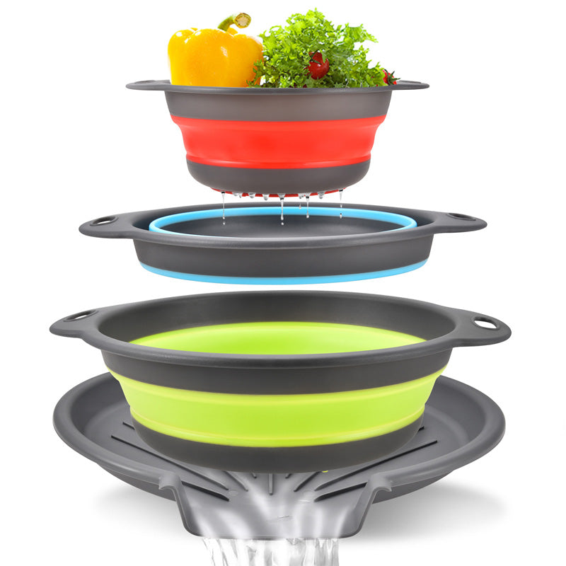 ⏰50% OFF – LAST CHANCE⏰ 3-Piece Collapsible Colander Set – Draining Base, Dual Handles – Folds Compact – Perfect for Veggies, Pasta & More! 🔥