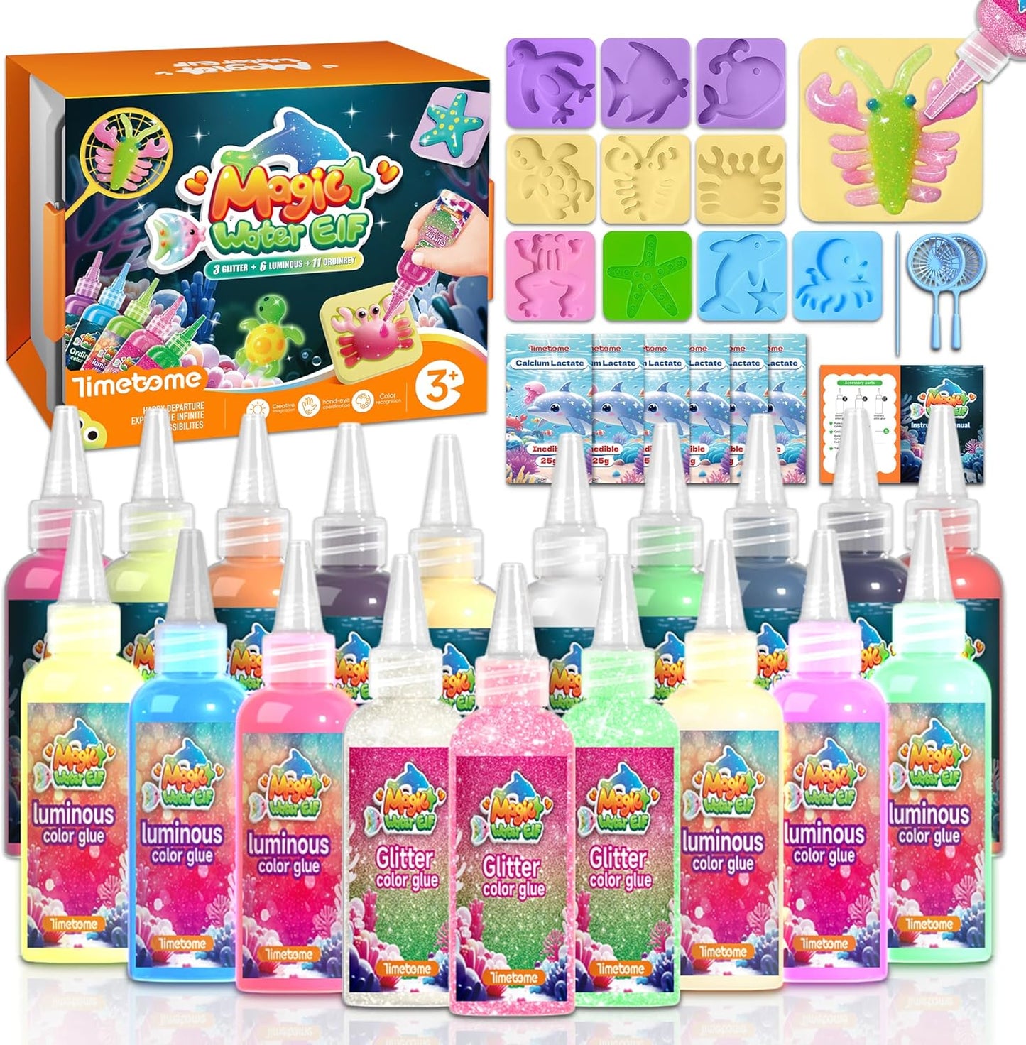 ⏳LAST DAY SALE 50% OFF!!🦄Timetome DIY Squishy Maker Kit for Kids Ages 3+ | Magic Water Elf Gel Toy Set with 20 Gels & 10 Molds, Glitter Glow Sensory Craft Activity for Creative Play