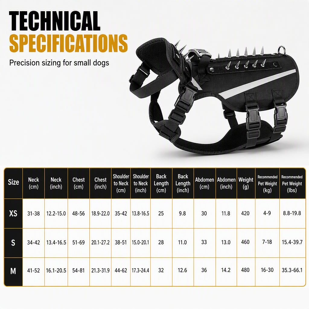 🐕 Tactical Dog Harness with Protective Spikes: Breathable Mesh, Oxford Fabric, Reflective Strips, Sizes XS-M