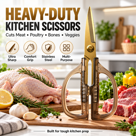 🔥 Sale now on! Stainless steel kitchen shears – cut bones, meat & veg effortlessly. ✂️💪
