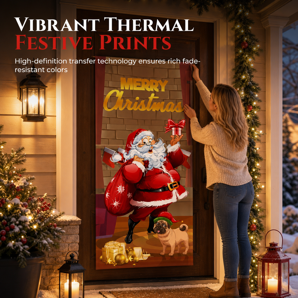 Christmas Door Cover - Santa & Reindeer Stretch Fabric Door Banner with 4-Side Elastic Edges, DIY Door Handle Cutout, Slip-On Front Door Holiday Decor