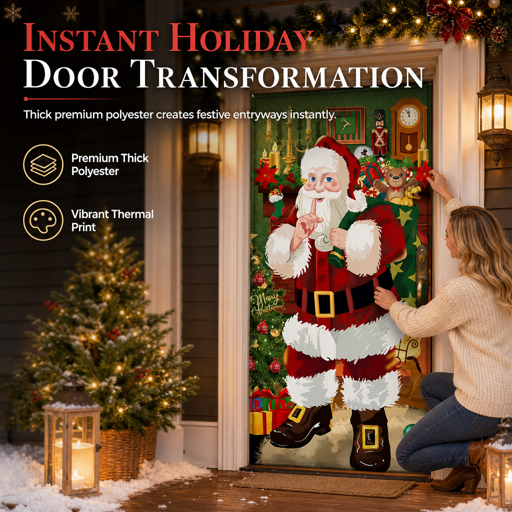 Christmas Door Cover - Santa & Reindeer Stretch Fabric Door Banner with 4-Side Elastic Edges, DIY Door Handle Cutout, Slip-On Front Door Holiday Decor