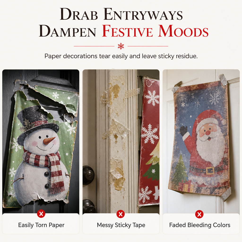 Christmas Door Cover - Santa & Reindeer Stretch Fabric Door Banner with 4-Side Elastic Edges, DIY Door Handle Cutout, Slip-On Front Door Holiday Decor