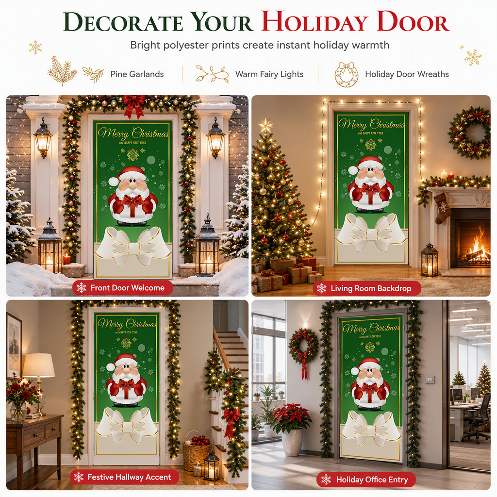 Christmas Door Cover - Santa & Reindeer Stretch Fabric Door Banner with 4-Side Elastic Edges, DIY Door Handle Cutout, Slip-On Front Door Holiday Decor