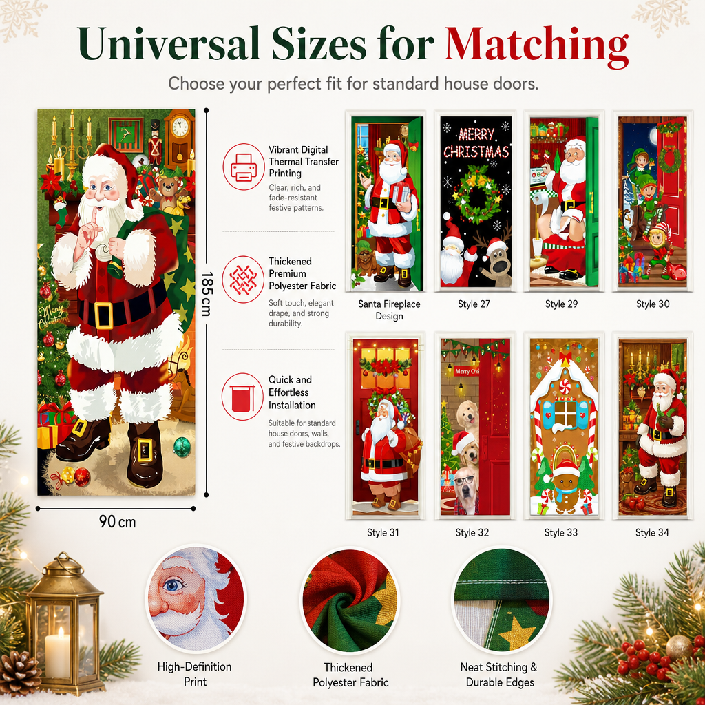 Christmas Door Cover - Santa & Reindeer Stretch Fabric Door Banner with 4-Side Elastic Edges, DIY Door Handle Cutout, Slip-On Front Door Holiday Decor