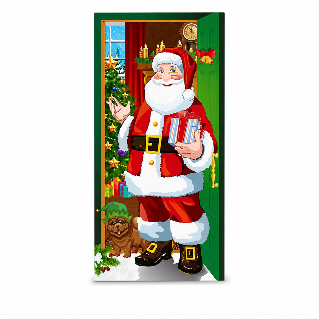 Christmas Door Cover - Santa & Reindeer Stretch Fabric Door Banner with 4-Side Elastic Edges, DIY Door Handle Cutout, Slip-On Front Door Holiday Decor
