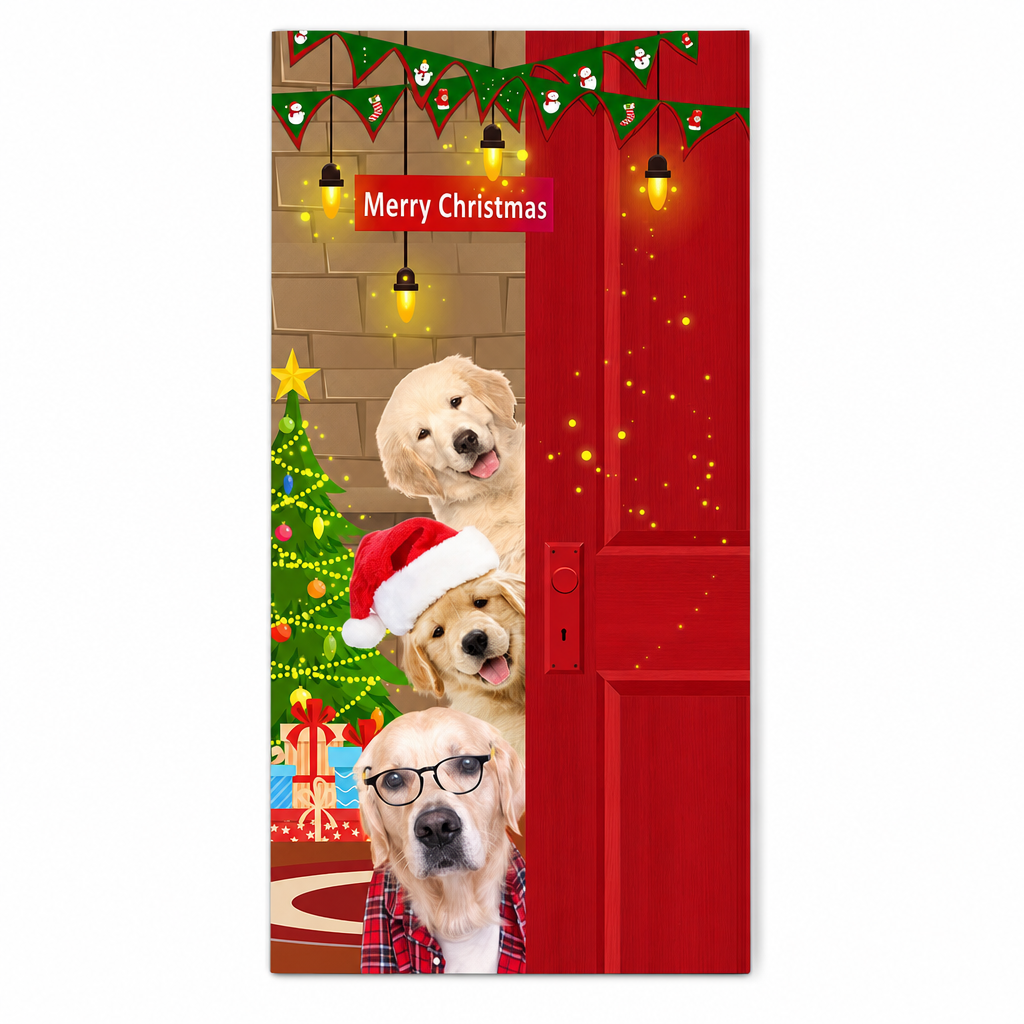 Christmas Door Cover - Santa & Reindeer Stretch Fabric Door Banner with 4-Side Elastic Edges, DIY Door Handle Cutout, Slip-On Front Door Holiday Decor