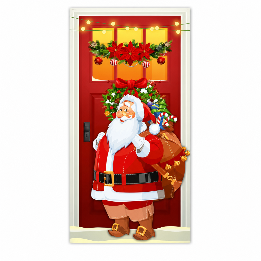 Christmas Door Cover - Santa & Reindeer Stretch Fabric Door Banner with 4-Side Elastic Edges, DIY Door Handle Cutout, Slip-On Front Door Holiday Decor