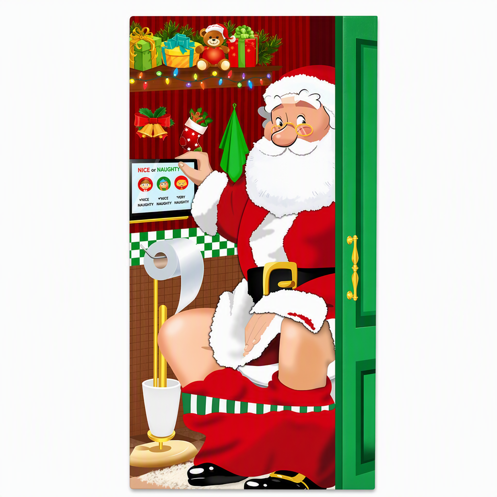 Christmas Door Cover - Santa & Reindeer Stretch Fabric Door Banner with 4-Side Elastic Edges, DIY Door Handle Cutout, Slip-On Front Door Holiday Decor
