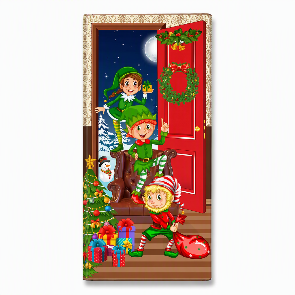 Christmas Door Cover - Santa & Reindeer Stretch Fabric Door Banner with 4-Side Elastic Edges, DIY Door Handle Cutout, Slip-On Front Door Holiday Decor