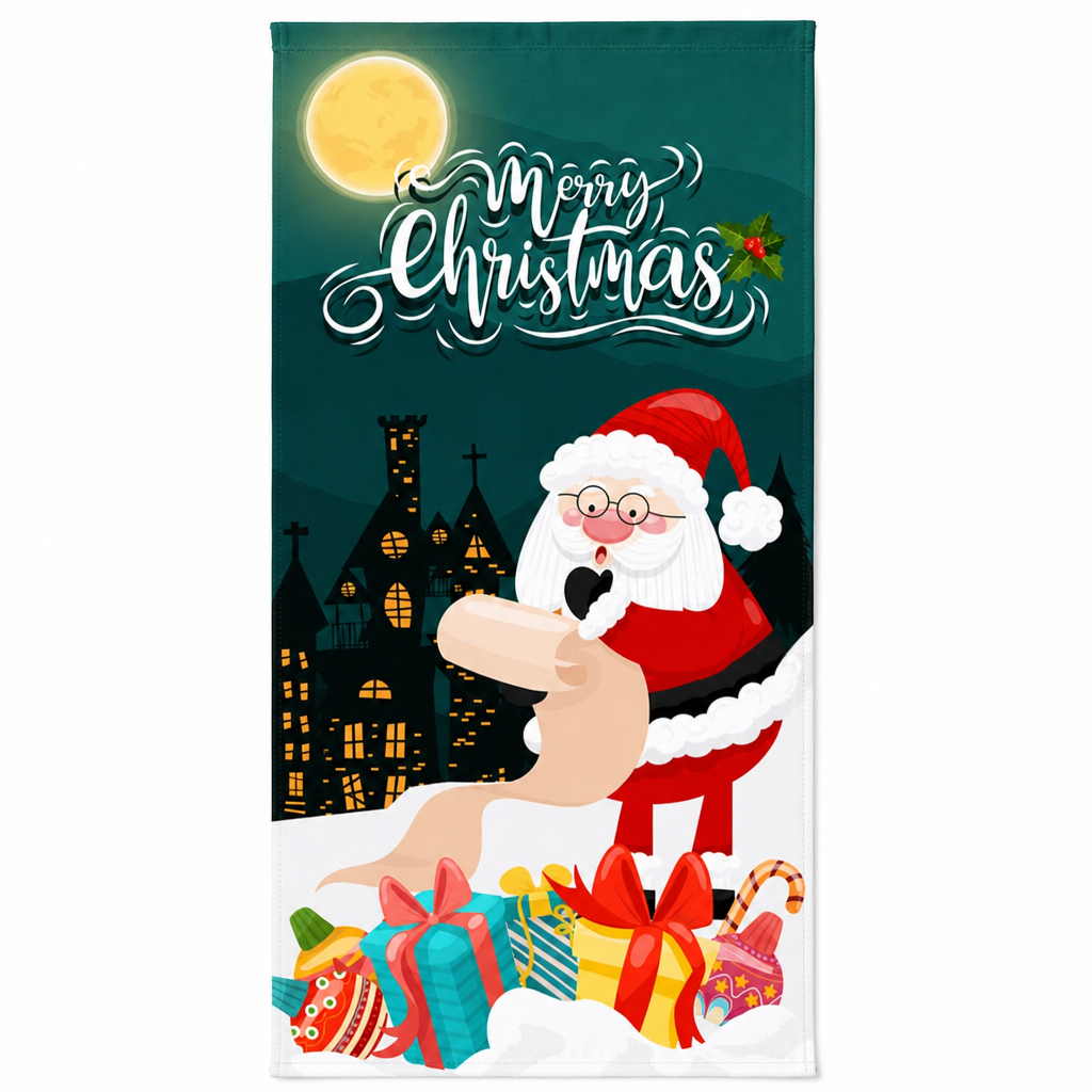 Christmas Door Cover - Santa & Reindeer Stretch Fabric Door Banner with 4-Side Elastic Edges, DIY Door Handle Cutout, Slip-On Front Door Holiday Decor