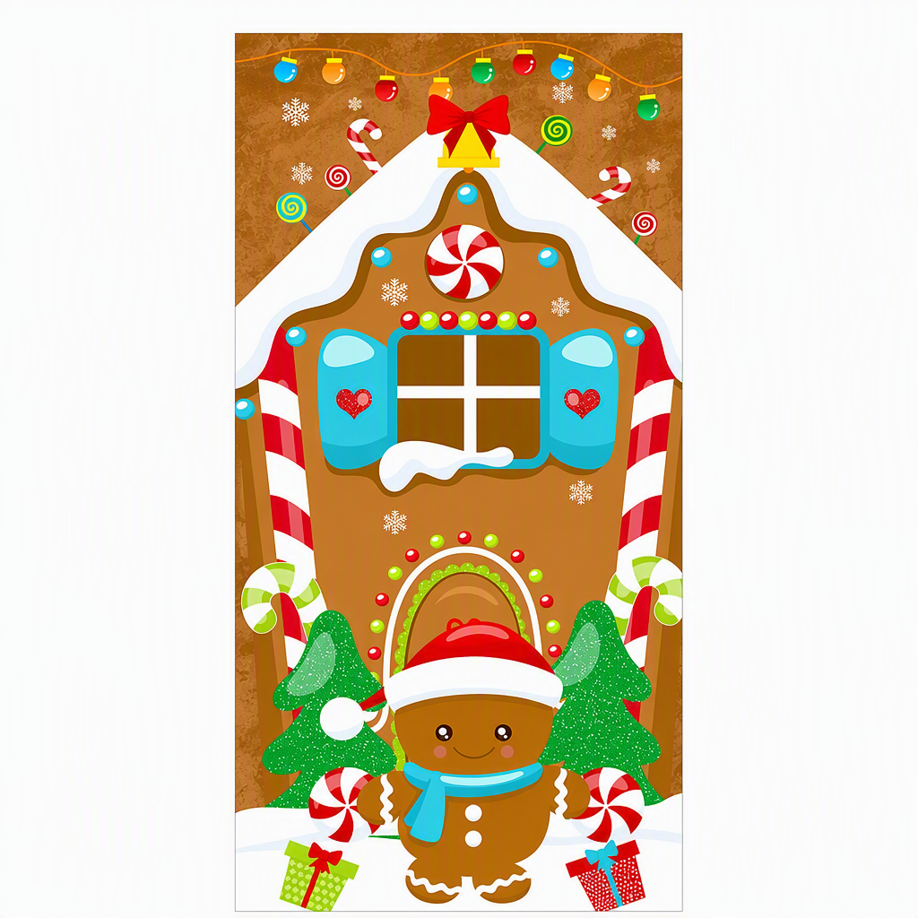 Christmas Door Cover - Santa & Reindeer Stretch Fabric Door Banner with 4-Side Elastic Edges, DIY Door Handle Cutout, Slip-On Front Door Holiday Decor