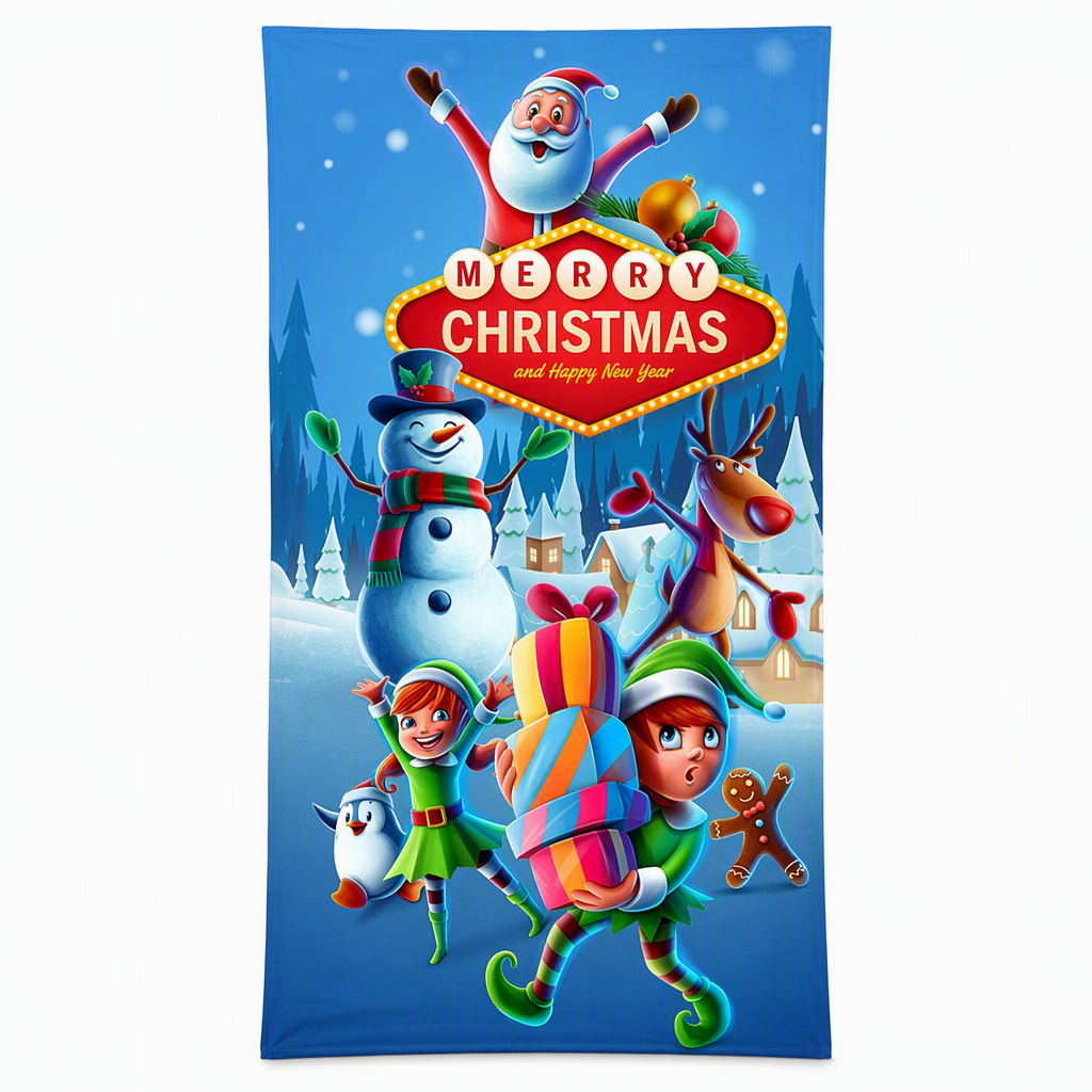 Christmas Door Cover - Santa & Reindeer Stretch Fabric Door Banner with 4-Side Elastic Edges, DIY Door Handle Cutout, Slip-On Front Door Holiday Decor