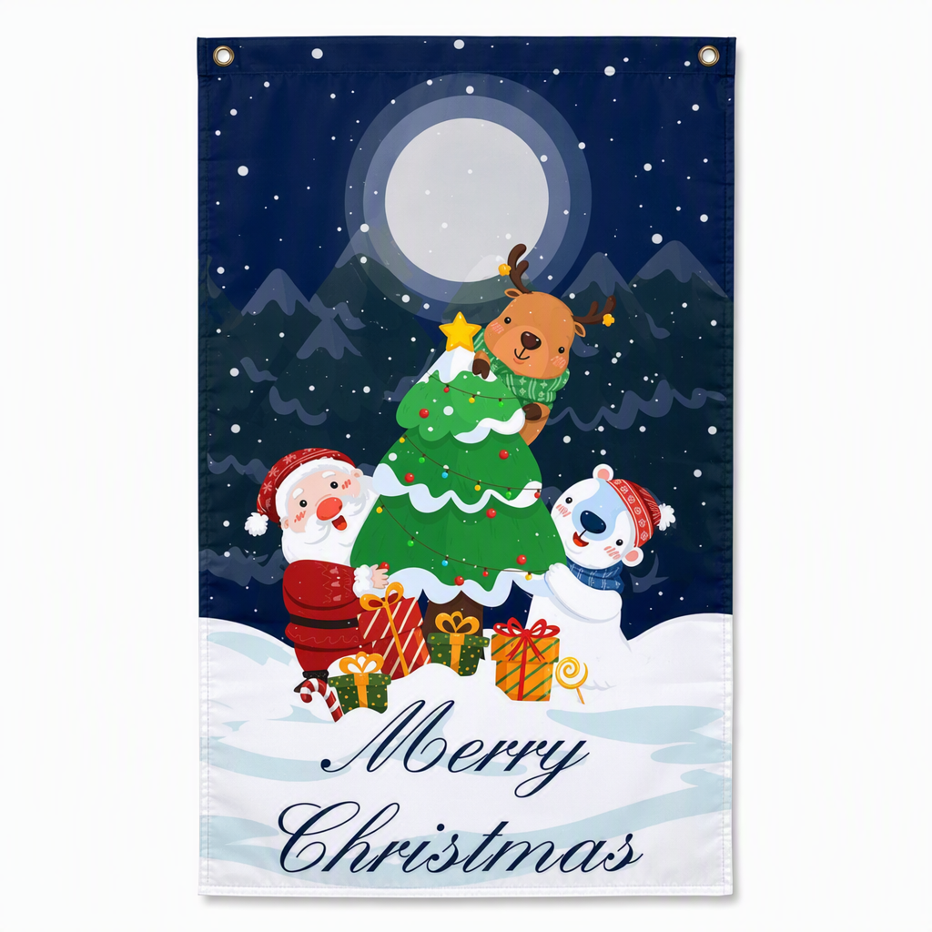 Christmas Door Cover - Santa & Reindeer Stretch Fabric Door Banner with 4-Side Elastic Edges, DIY Door Handle Cutout, Slip-On Front Door Holiday Decor