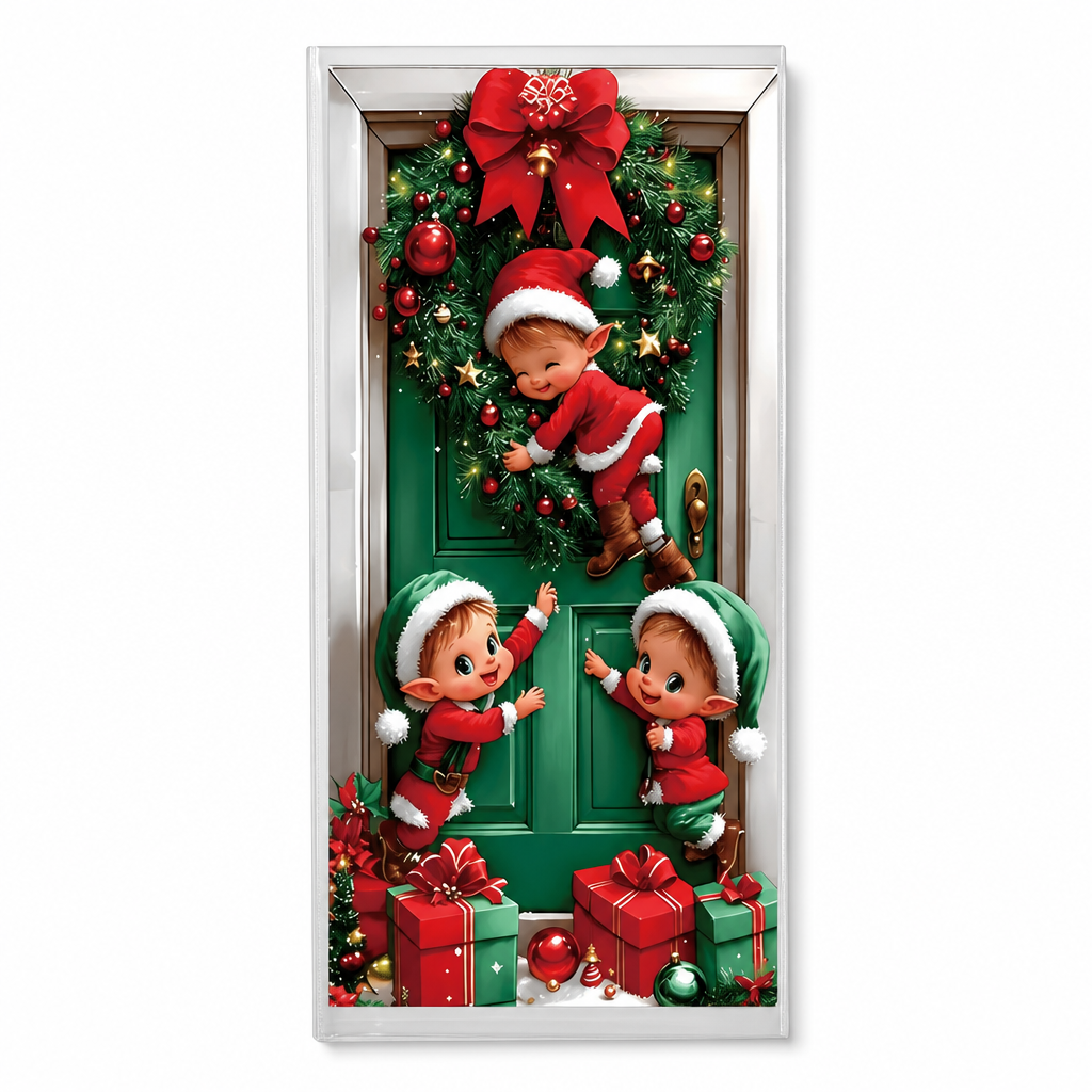 Christmas Door Cover - Santa & Reindeer Stretch Fabric Door Banner with 4-Side Elastic Edges, DIY Door Handle Cutout, Slip-On Front Door Holiday Decor