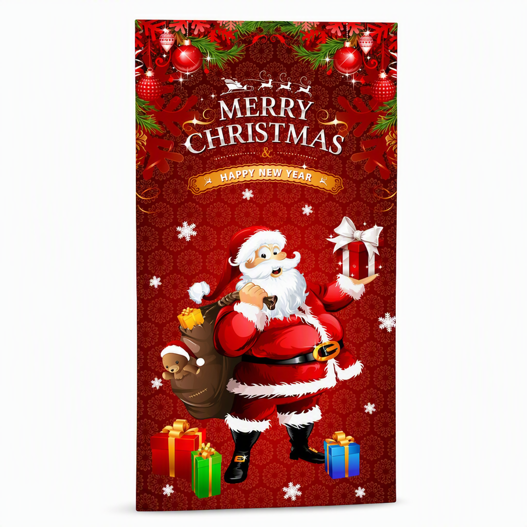 Christmas Door Cover - Santa & Reindeer Stretch Fabric Door Banner with 4-Side Elastic Edges, DIY Door Handle Cutout, Slip-On Front Door Holiday Decor