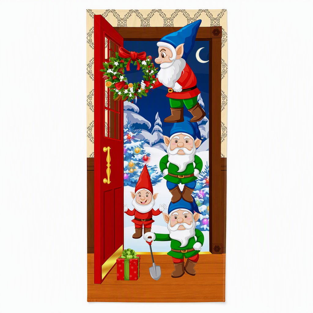 Christmas Door Cover - Santa & Reindeer Stretch Fabric Door Banner with 4-Side Elastic Edges, DIY Door Handle Cutout, Slip-On Front Door Holiday Decor