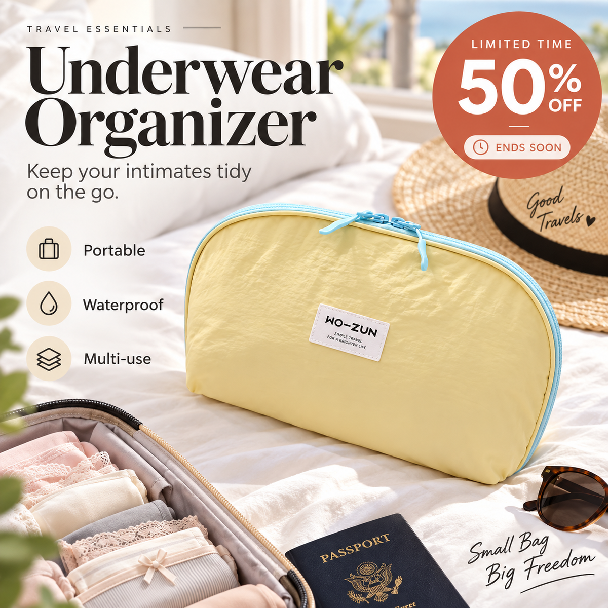 🏆 Last Day Special Price £12.99! 💐 Portable Underwear Travel Organizer – Separate Storage for Bras, Panties & Socks💕