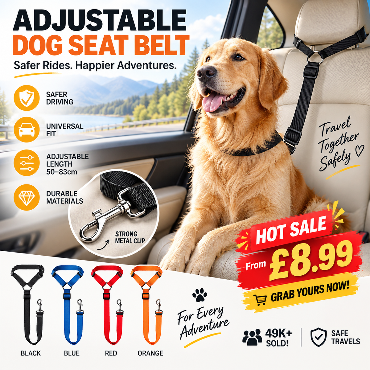 🥳HOT SALE🥳💞49K+ SOLD! Dog Seat Belt – From £8.99! Adjustable, universal & durable. Safe travels – grab yours! ✅