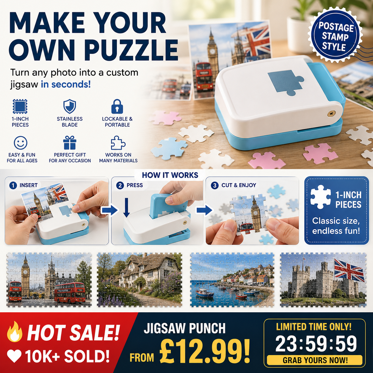 🥳HOT SALE🥳💞10K+ SOLD! Jigsaw Punch – From £12.99! Turn photos into puzzles, stainless blade & portable. Creative fun – grab yours! ✅