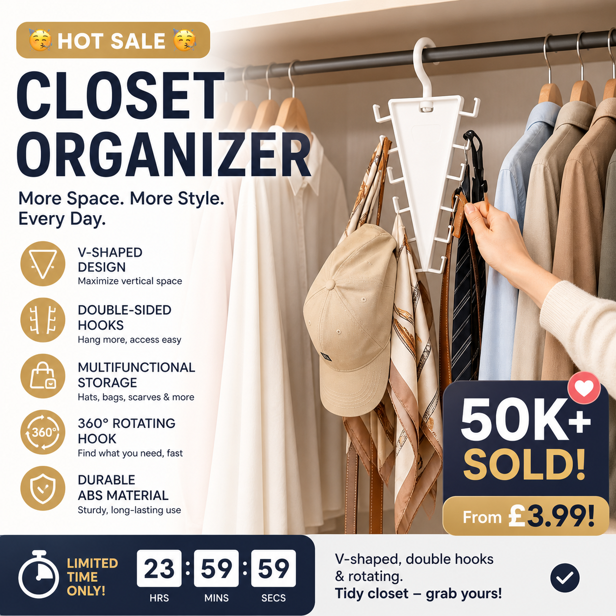 🥳HOT SALE🥳💞50K+ SOLD! Closet Organizer – From £3.99! V-shaped, double hooks & rotating. Tidy closet – grab yours! ✅